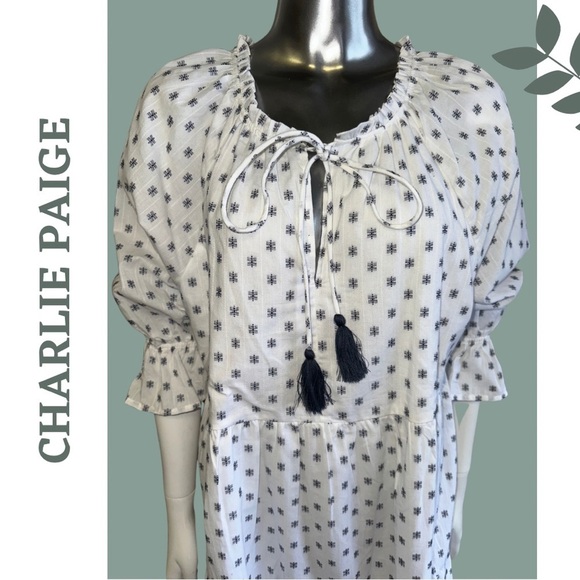 Charlie Paige Relaxed Fit Cotton Dress 3/4 Length Sleeve Tassel White Dark Blue - Picture 6 of 10